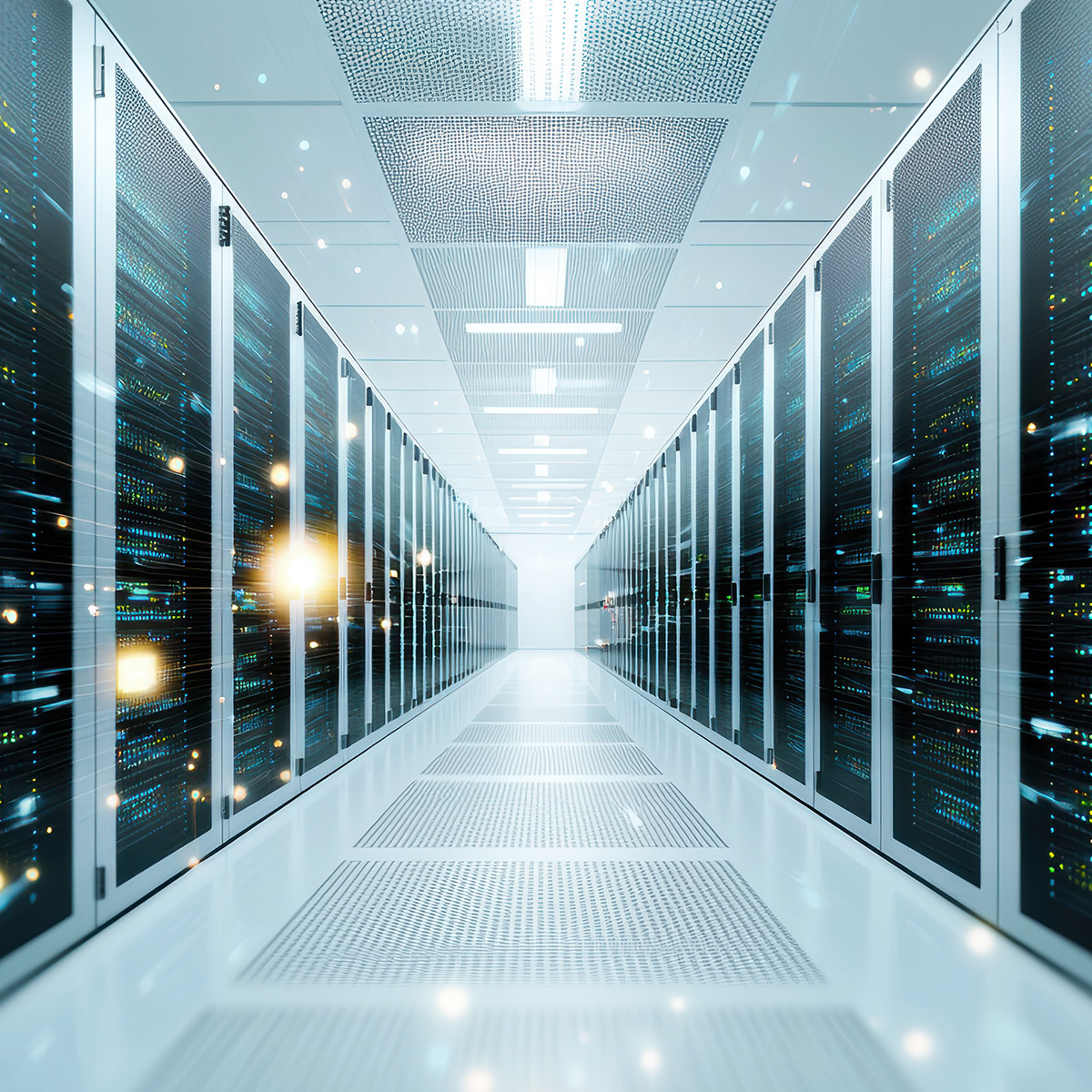 Heller Serverraum-Korridor mit Server-Racks im Rechenzentrum